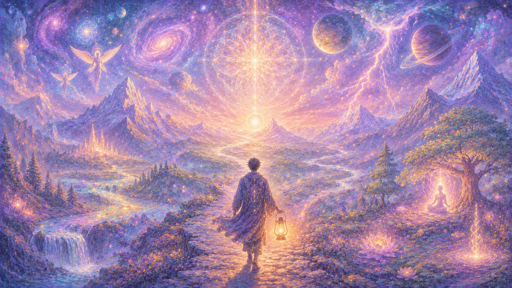 A figure walking with a lantern toward a burst of light on the horizon
